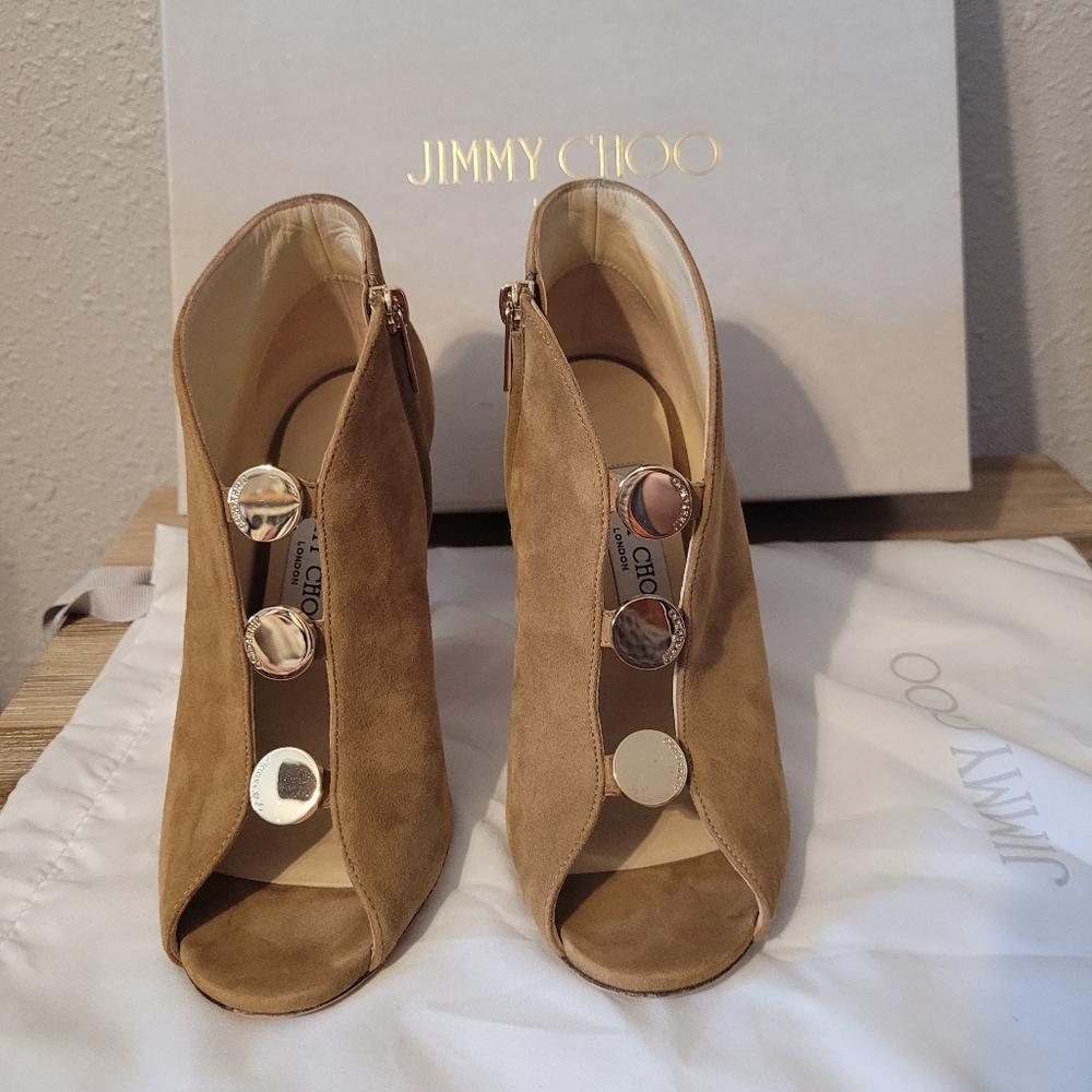 Jimmy Choo Suede open toe tan heels